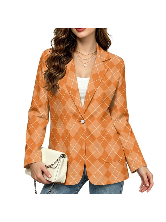 Orange Argyle Plaid Dressy Blazer, Fashion Women's Suit Jackets Suit Fabric Blazer Coat with Front Lined Casual for Office, Size Large