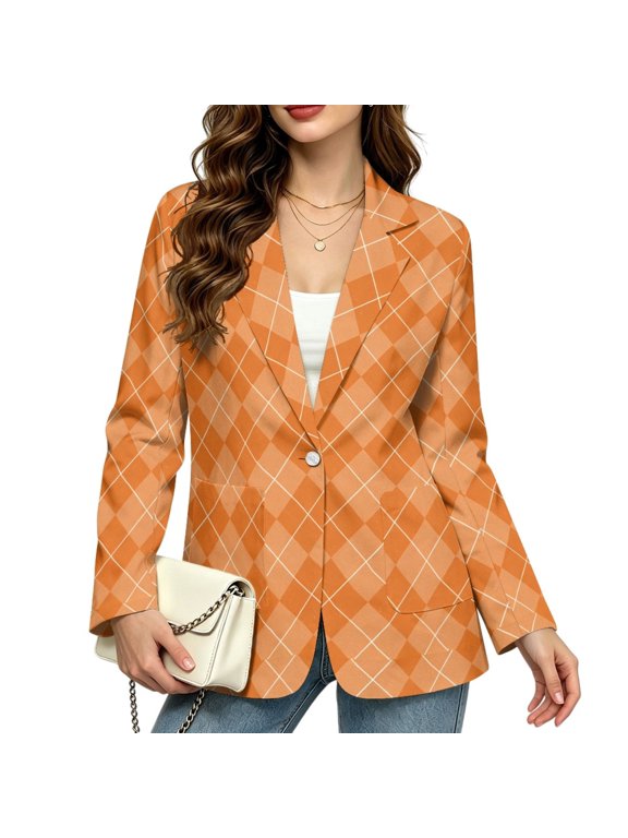 Orange Argyle Plaid Dressy Blazer, Fashion Women's Suit Jackets Suit Fabric Blazer Coat with Front Lined Casual for Office, Size Small