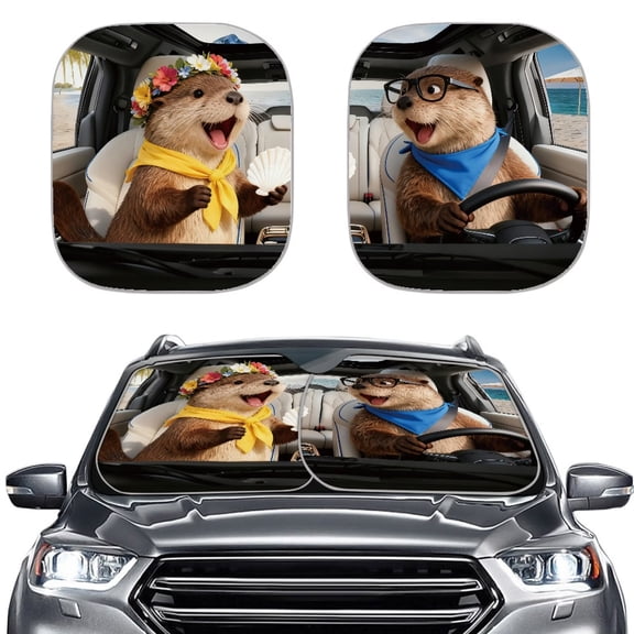 Jiueut Otter Driving Floral Shell Print Car Windshield Sunshade Foldable UV Protection 2 Piece Front Window Visor Sun Shades Universal Fit for Sedan Truck SUVs