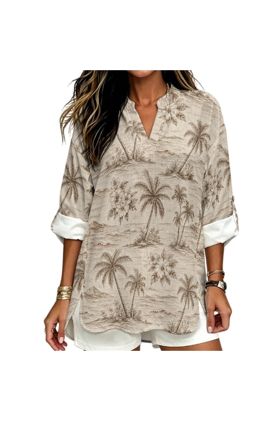 Palm Tree Tropical Print Casual Long Sleeve Tops for Women Cotton Linen Trendy Women's Tops Oversized for Travel Beach, Size Medium