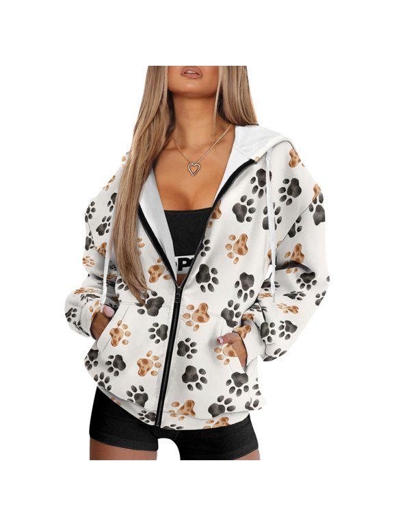 Paw Print Oversized Zip Up Hoodie for Women Long Sleeve Soft Casual Loose Fit Hooded Coat with Pockets Cozy Fall Outwear for Daily Wear, Hiking, 2XL