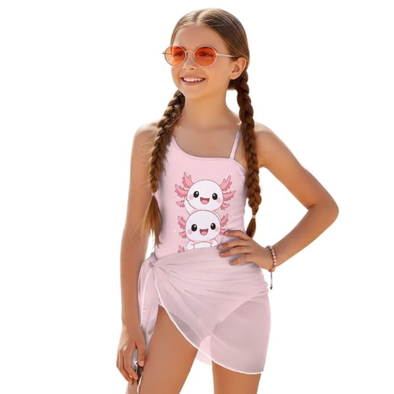 Jiueut Pink Axolotl Print Girls Swimsuit One-Piece Adjustable Straps Bathing Suit with Mesh Cover Ups Cut Out Swimwear Size 7-18 Years