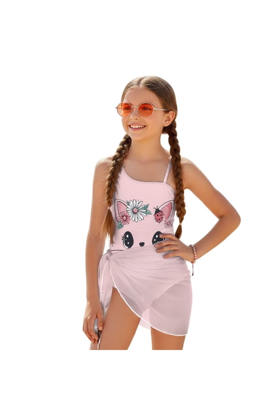 Pink Cat Daisy Ladybug Print Girls' Swimwear One-Piece Cute Swimsuit for Girls Cut Out Bathing Suit with Mesh Cover Up Skirt