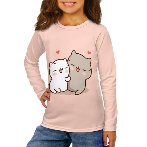 Jiueut Pink Cats Girls Long Sleeve T Shirts 7-8 T Crew Neck Shirts for Toddler Athletic Tee Shirts for Outdoor Gift for Holiday Cartoon Winter Clothes for Girls Tops for School