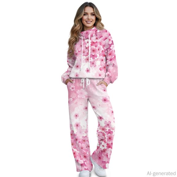 Jiueut Pink Cherry Blossom Print Polyester Spandex Two Piece Tracksuit with Soft, Loose High Collar Women's Loungewear Tracksuit for Short Road Trip Indoor, Size Small