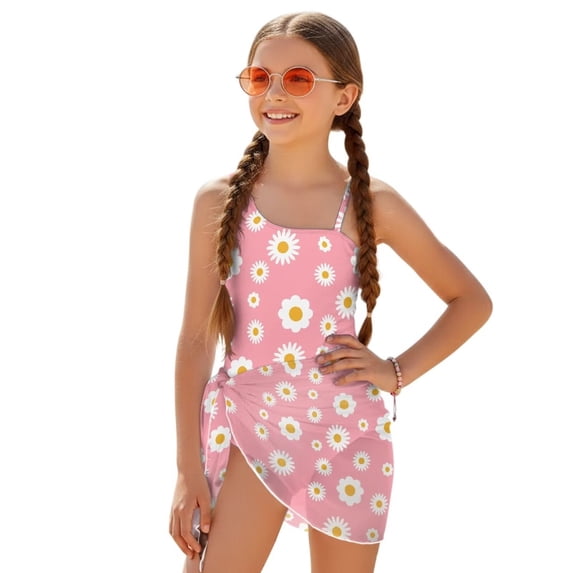 Jiueut Pink Daisy Floral Print Girls Swimsuit with Adjustable Straps One Piece Bathing Suit with Mesh Cover Ups Swimwear 7-18Y