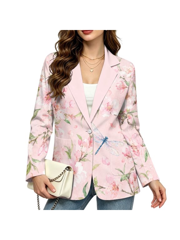 Pink Floral Dragonfly Women Suit Jacket, Long Sleeve Open Front Blazer with Pockets, Stretchy Fabric for Office and Fall Wear, Size Small