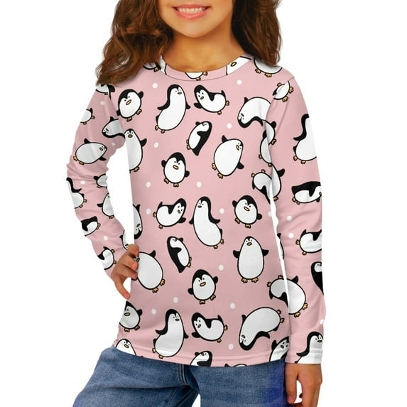 Jiueut Pink Penguins T Shirts for Kids Girls Long Sleeve Shirts Pullover Jumper Size 7-8 T Casual Wear Lightweight Autumn Tops for Teen Girls Trendy Sweatshirts Clothes