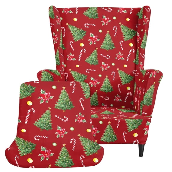 Jiueut Poinsettia Tree Candy Cane Print Wing Chair Covers, Christmas Decor 2 Pieces Stretch Wingback Chair Slipcovers Elastic Fabric Stretch Sofa Armchair Slipcovers Washable Furniture Protector