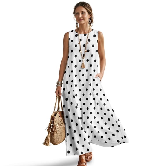 Jiueut Polka Dot Print Sleeveless Maxi Dress for Women, Women Summer Casual Beach Tank Dress with Pockets Long Dresses, Crewneck, Loose Fit Breathable, XL