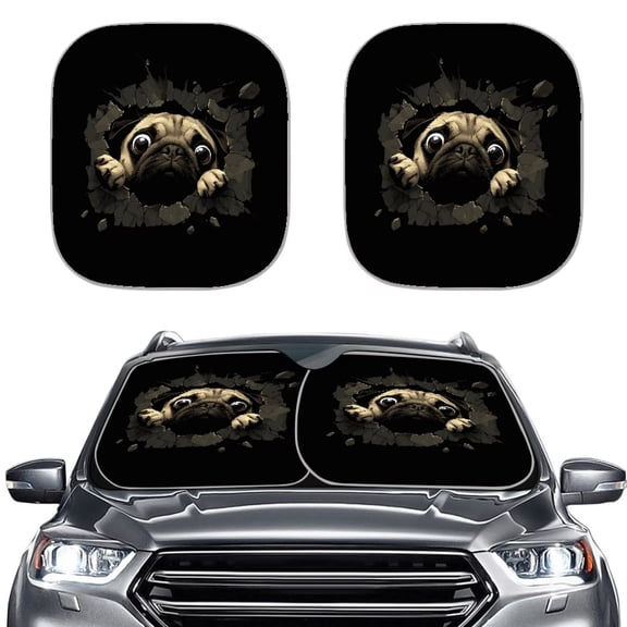 Jiueut Pug Print 2 Pcs Car Windshield Sun Shade Foldable Sun Visor for Front Windshield Interior Vehicle Accessories Universal Fit Most Truck SUV Van