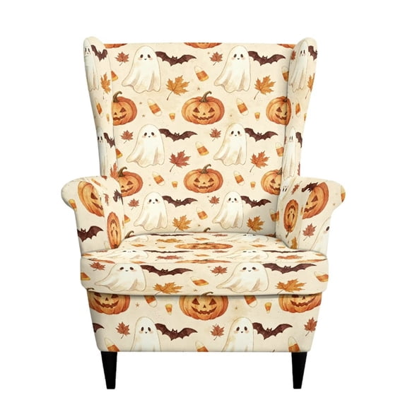 Jiueut Pumpkin Ghost Bat Candy Maple Leaves Print Wingback Chair Cover Elastic Wingback Chair Protector Halloween Decor Wingback Armchair Sofa Slipcover 2 Pieces Furniture Covers for Living Room