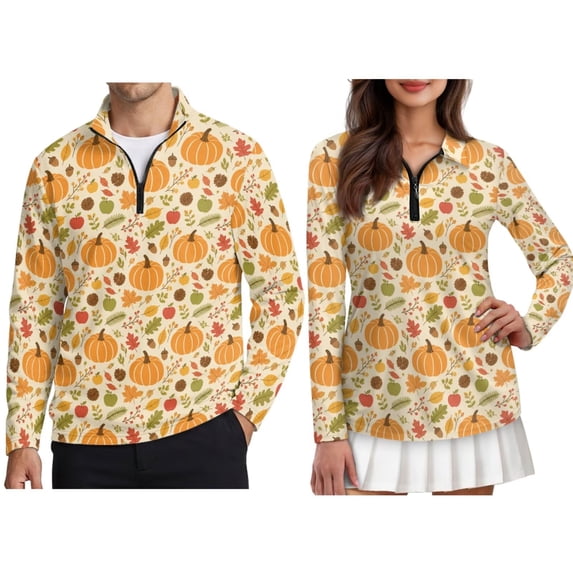 Jiueut Pumpkin Pinecone Maple Leaves Print Matching Golf Shirts for Couples Thanksgiving Women's Long Sleeve Golf Shirts Workout Tops Mens Zip Up Polo Shirt 2026 His & Hers Sports Top, Size L