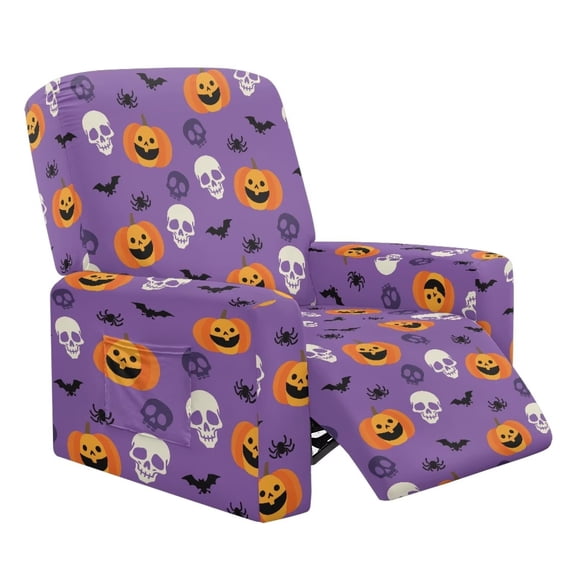 Jiueut Pumpkin Skull Bat Spider Print Recliner Chair Cover, Halloween Decor Elastic Reclining Chair Covers Soft Couch Cover with Anti Slip Bottom Set of 4