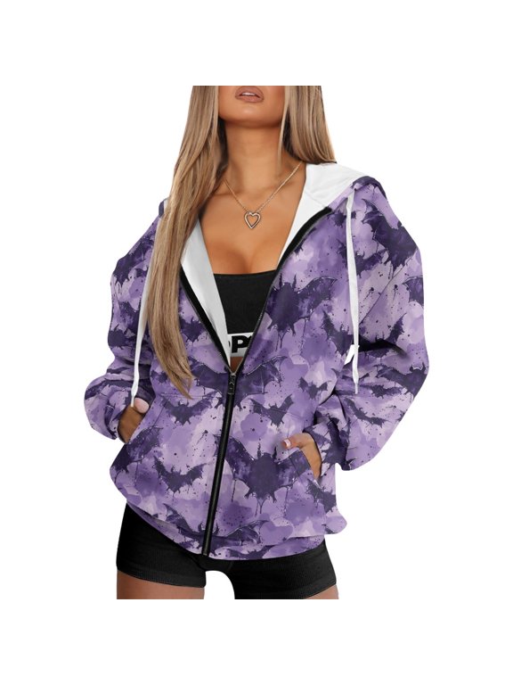 Purple Bat Print Oversized Zip Up Hoodies for Women Long Sleeve Casual Hooded Sweatshirt Soft Loose Fit Jacket with Pockets for Halloween, Daily Wear, S