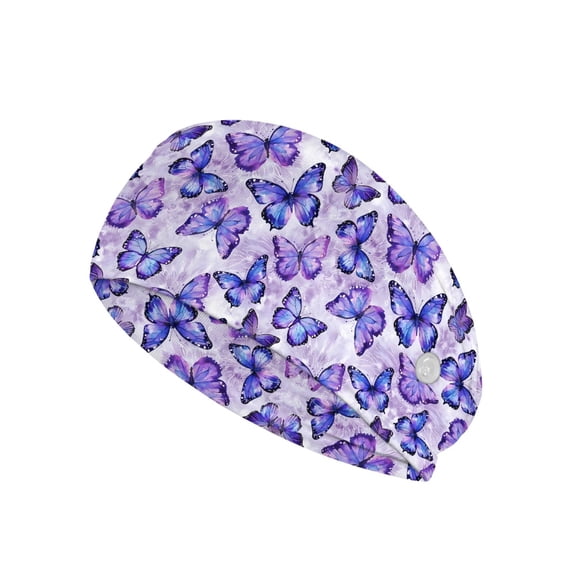 Jiueut Purple Butterfly Nurse Button Headband Elastic Sports Headbands Thick Non-Slip Hair Bands for Women Headbands for Nurses with Buttons for Mask Wide Headbands for Girls