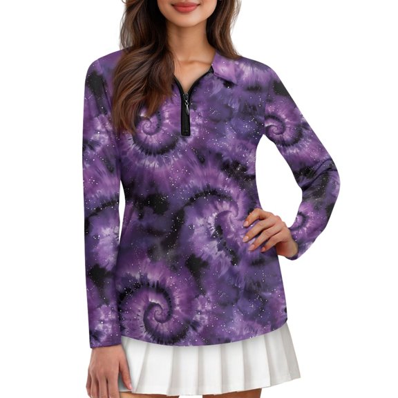 Jiueut Purple Galaxy Polo Collar T Shirt for Women Cool Tee Tops Zip Up Versatile Golf Polo Durable Activewear for Golfing, Size Medium