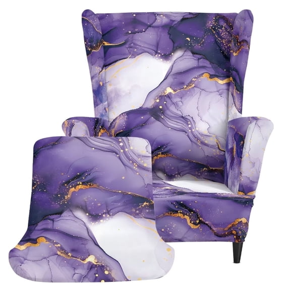 Jiueut Purple Golden Marble Print 2 Piece Wingback Chair Covers Stretch Wing Chair Slipcover Wing Back Chair Covers with Arms Washable Armchair Cover Protection Furniture for Living Room Bedroom
