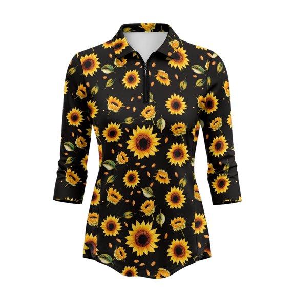 Jiueut Quarter Zip Tennis Shirt for Golf Sports Outdoor Sports, Polyester Spandex Comfortable Zip Up Collar Golf Shirt, Sunflowers, Size Medium