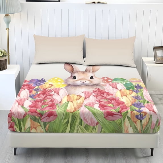 Jiueut Rabbit Mushroom Tulip Print 3 Pieces King Size Fitted Sheet Set, Easy to Wash Bedroom Sheet Set 2 PCS Wirnkle Free Pillowcase Soft Fitted Sheet with 9.8" Deep Pocket, Easter's Day Decor