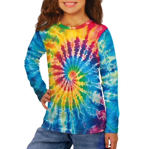 Jiueut Rainbow Tie Dye Long Sleeve Shirts for Girls 7-8 Kids Clothes Shirts Graphic Tees Crewneck Casual Sportswear Clothes for Teen Girls Winter Loose Children's Tops