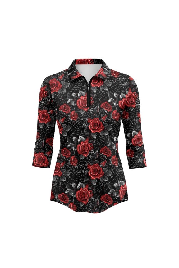 Red Rose Spider Web Black Tennis Shirt, Quarter Zip Relaxed Golf Top Breathable Women's Golf Polo Shirts, Size Large