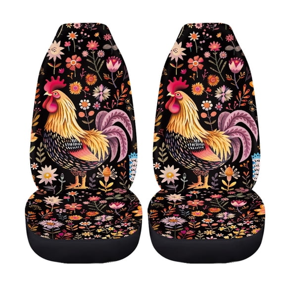 Jiueut Rooster Chicken Flower Print Car Seat Covers, 2 Pieces Set Waterproof Vehicls Interior Decoration Washable Auto Front Seat Protectors Fit Most Cars