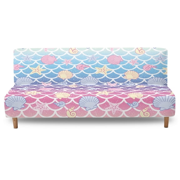 Jiueut Scale Starfish Shell Print Armless Futon Sofa Covers, Polyester Spandex Couch Covers without Armrests Wear Resistant Futon Sofa Bed Slipcover for Kids Pets