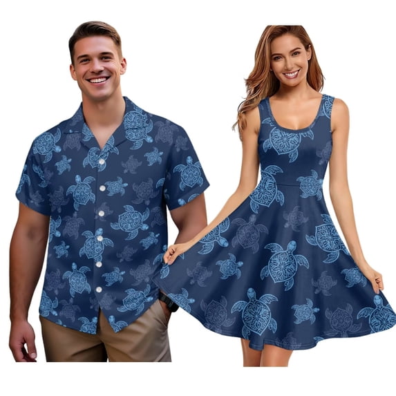 Jiueut Sea Turtle Pattern Matching Hawaiian Holiday Outfit Set Men's Button T-Shirt Women's Sleeveless Sundress, 2026 Scoop Neck Mini Dress Travel Outfit for Couples Beach Vacation, Size XL