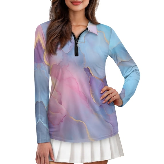 Jiueut Shirts for Ladies Pink Blue Marble Design Quick Dry Exercise Tops Zip Up V Neck Polo Shirts T-Shirts Sporty Golf Polo for Women, Size Small