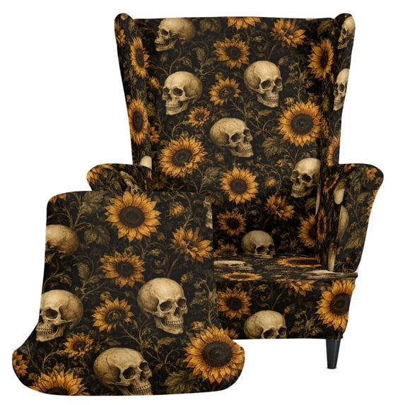 Jiueut Skull Sunflower Print Stretch Wingback Chair Covers 2-Pack Wingback Chair Slipcovers High-Elastic Fabric Pet-Friendly Durable Sofa Slipovers, Quick Installation, Machine Washable