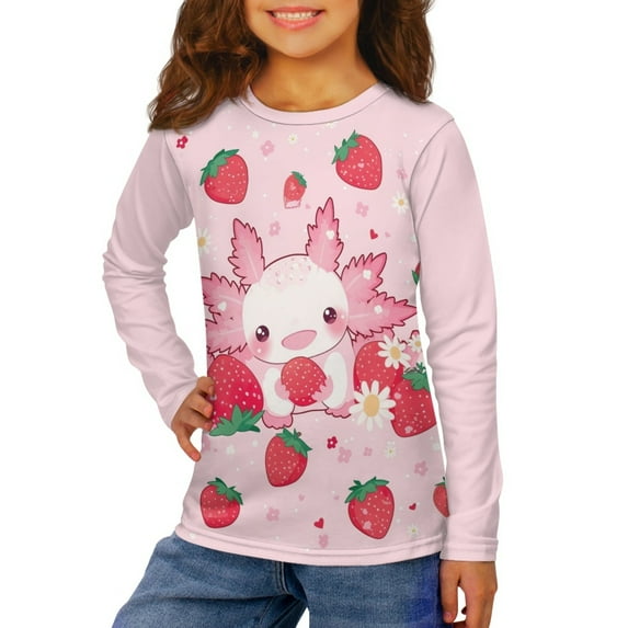 Jiueut Strawberry Axolotl Tshirts for Kids Girls Long Sleeve Shirts Sweatshirts for Youth Autumn Tees Casual Wear Athletic Sportswear Teen Girls Crewneck Sweatshirt 3-4 Running