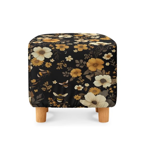 Jiueut Sunflower Bee Print Ottoman Cover, Square Ottoman Cover Footrest Sofa Slipcovers Stool Covers Soft Footstool Covers Slipcovers Stretch Furniture Protector with Anti-Slip Band