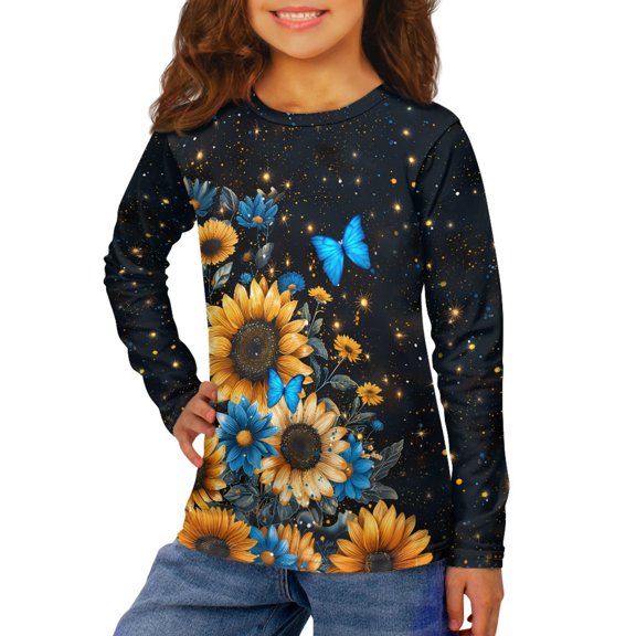 Jiueut Sunflower Butterfly Cute Shirts for Girls 3-4 Casual Long Sleeve Shirts Round Neck Tops Loose Fit Tunic Blouses Drop Shoulder Sweatshirts Pullover Girls Sweatshirts