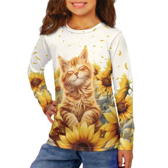 Jiueut Sunflower Cat Tee Shirts for Teens Girls Long Sleeve Shirt for Girls 5-6 Casual T Shirts Girls' Tops Crewneck Tees & Blouses Kids Pullover Sportswear Tops