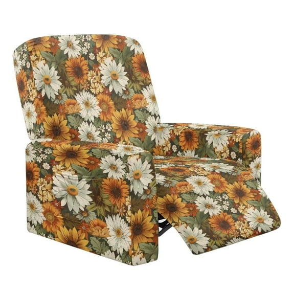 Jiueut Sunflower Daisy Pattern Recliner Chair Slipcover, 4 Pieces Soft Reclining Chair Covers Stretchable Sofa Slipcover with Anti-Slip Straps