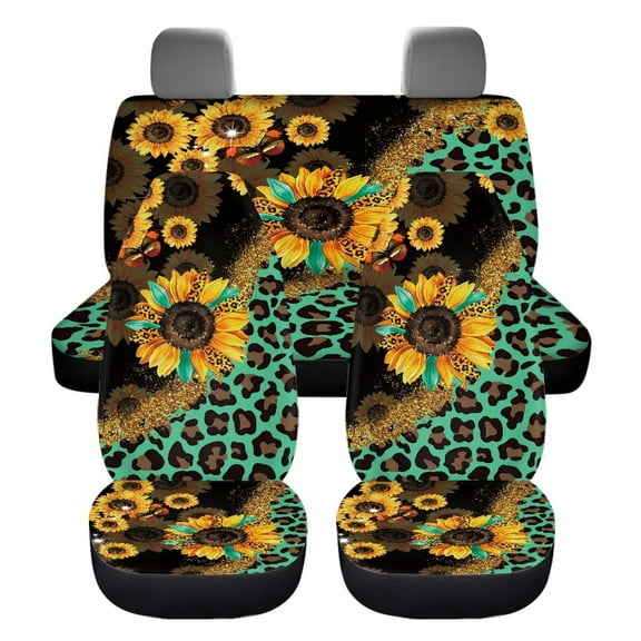 Jiueut Sunflower Leopard Print Seat Covers for Car, Soft Front and Rear Seat Covers Stretchy Auto Front Seats Rear Bench Protectors Washable Vehicle Accessories for Auto Trucks Van SUV,Set of 4