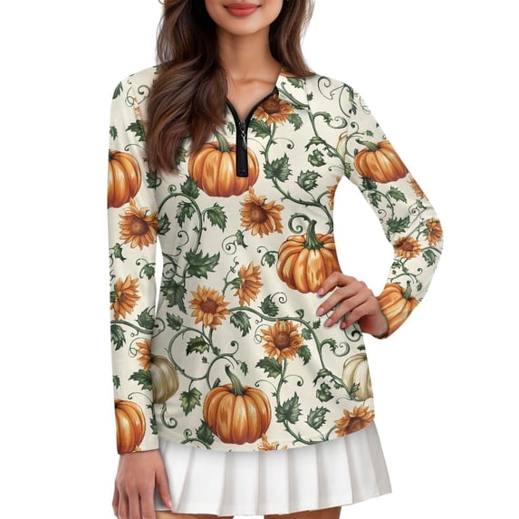 Jiueut Sunflower and Pumpkin Polo Collar Exercise Tops for Women Outdoor Pullover Long Sleeves Sun Protection Shirts Lightweight Golf Wear for Jogging, Size XX-Large