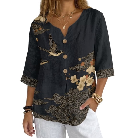 Jiueut Swallow Clouds Cherry Blossom Print Shirt for Women 3/4 Length Sleeve V Neck Button Tunic Blouse Linen-Style Casual Womens Tops