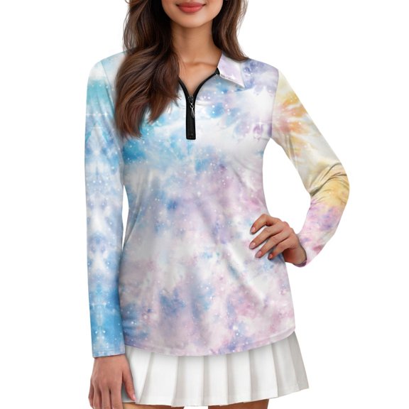 Jiueut Tie Dye Galaxy Polo Shirt for Women, Quarter Zip Long Sleeve Collared Top, Elegant Golf Clothes for Ladies for Work and Golfing, Size Large