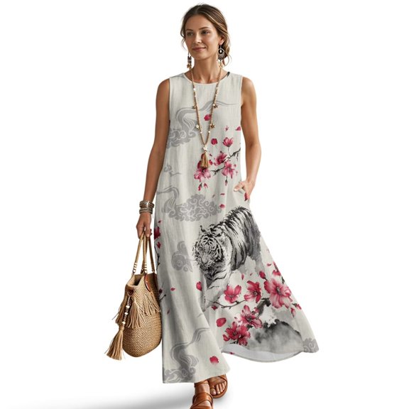 Jiueut Tiger Cherry Blossom Print Sleeveless Maxi Dress for Women with Pockets, Linen Look Summer Dress Casual Loose Fit Flowy Long Sundress for Beach Vacation, L