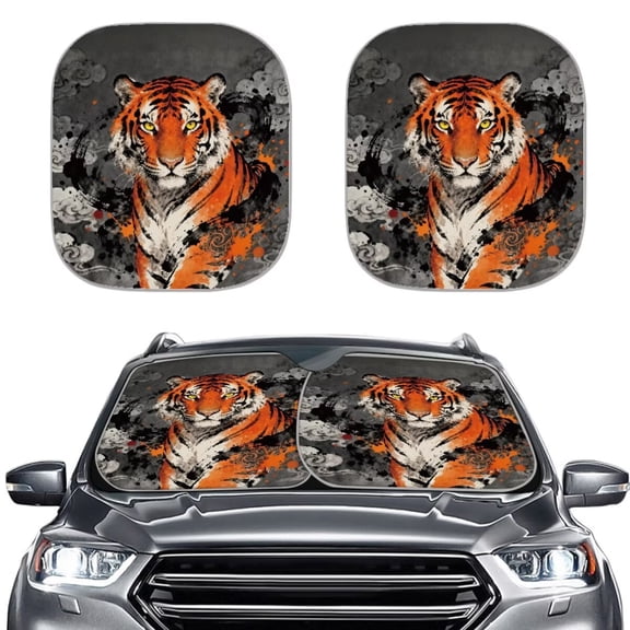 Jiueut Tiger Clouds Ink Print Windshield Sun Shade 2-Piece Foldable Blocks Sun Heat and UV Rays Car Sunshade Protect Your Vehicle Interior for Universal Cars SUV Truck RV