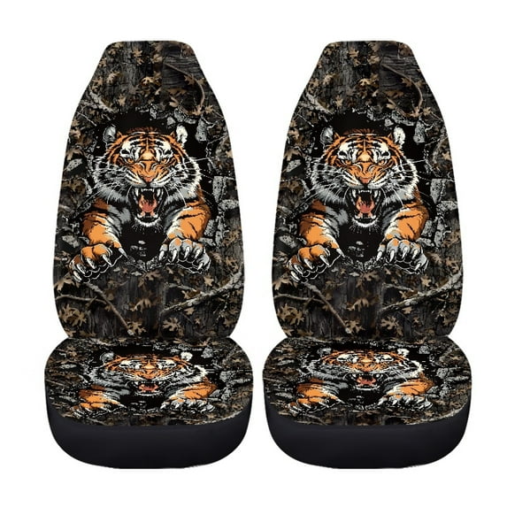 Jiueut Tiger Forest Camo Pattern Auto Seat Covers, 2 PCS Breathable High Back Seat Covers Washable Automotive Seat Covers Fit for Seadon, SUV, Truck