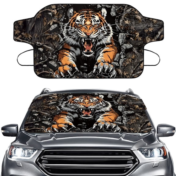 Jiueut Tiger Forest Camo Print Car Windshield Snow Cover, Full Coverage Auto Windshield Frost Cover for Winter Multifunctional Windshield Protector for Car