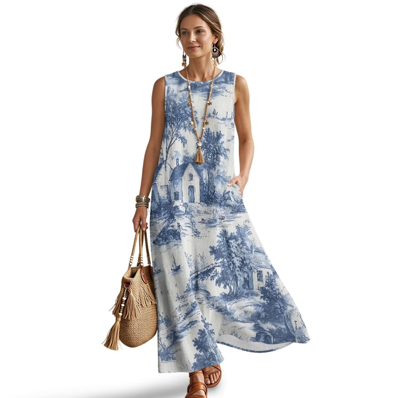 Jiueut Toile De Jouy House Print Summer Dresses for Women Flowy Casual ...