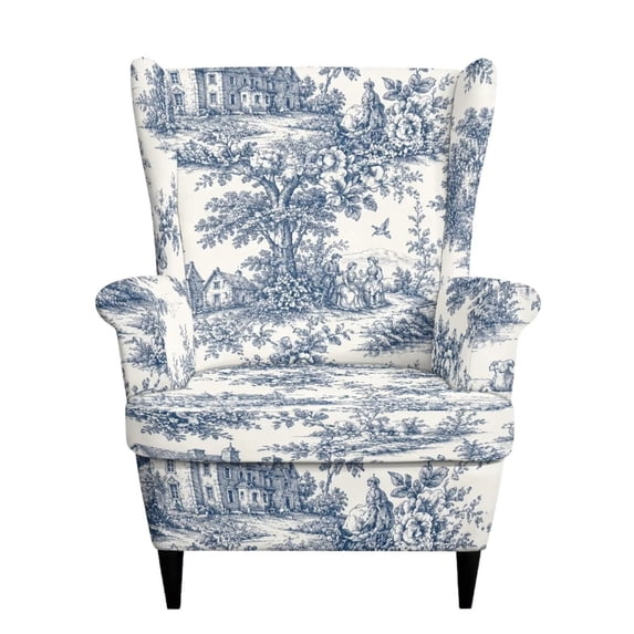 Jiueut Toile De Jouy House Print Wingback Chair Cover Slipcovers 2 Piece Stretch Wing Chair Covers Spandex Sofa Armchair Cover Non-Slip Furniture Protector for Living Room