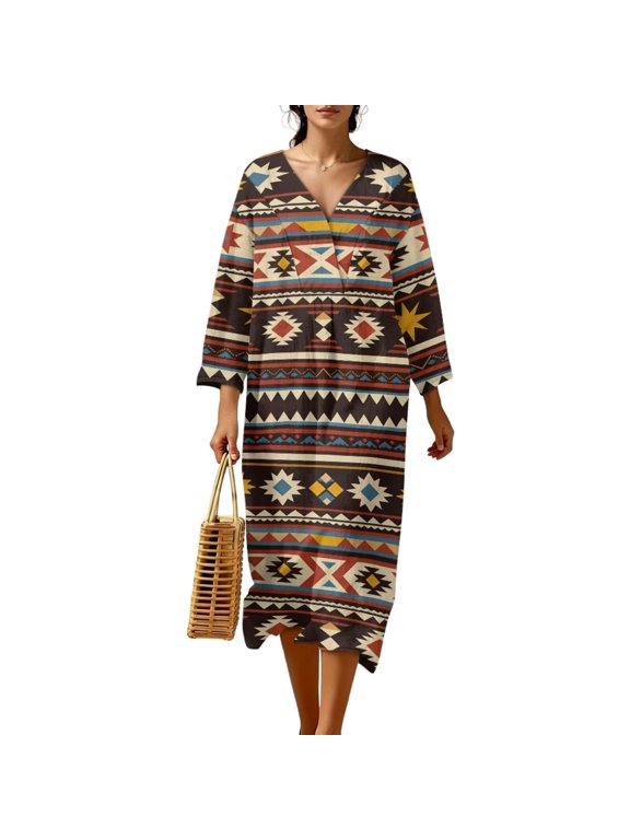 Tribal Aztec Print Women's Linen-Look Dress Long Sleeve V Neck Dress Casual Loose Midi Dress