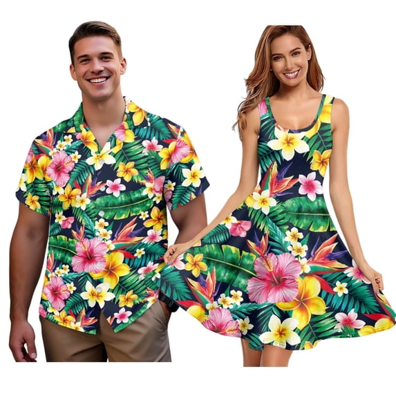 Jiueut Tropical Hibiscus Plumeria Monstera Palm Leaves Pattern Couple Matching Outfit Men's Button Down Shirt, Women's Sleeveless Sundress Beach Vacation Cruise Luau Family Matching Set, 2XL