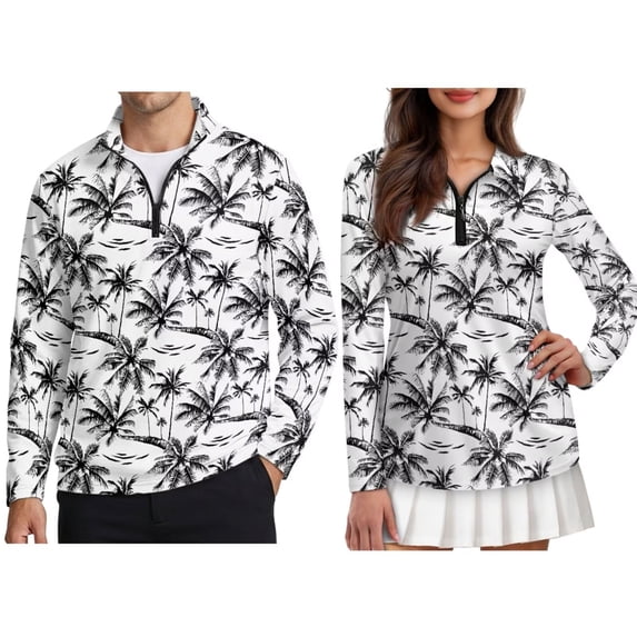 Jiueut Tropical Palm Tree Pattern Matching Golf Shirts for Couples Long Sleeve Polo Shirts Outdoor Sports Couple Golf Outfit Quick Dry Matching Activewear Set Sportswear, L