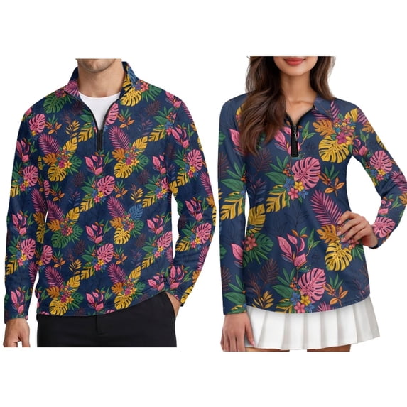 Jiueut Tropical Plumeria Monstera Palm Leaves Pattern Long Sleeve Golf Shirts for Men or Women Stand-Up Collar with Front Zipper, Quick-Dry Pullover Tops Activewear, Size 2XL